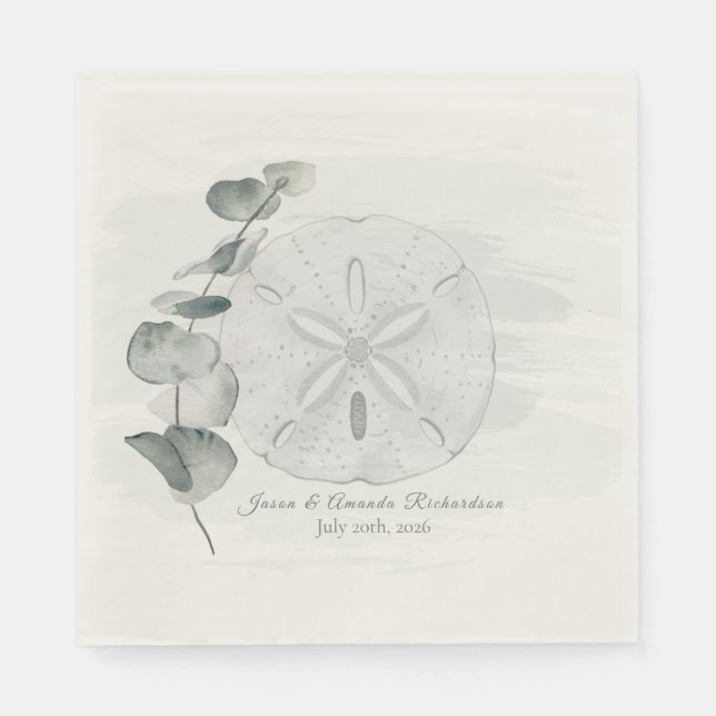 Coastal Sand Dollar & Eucalyptus watercolor Napkin (Front)