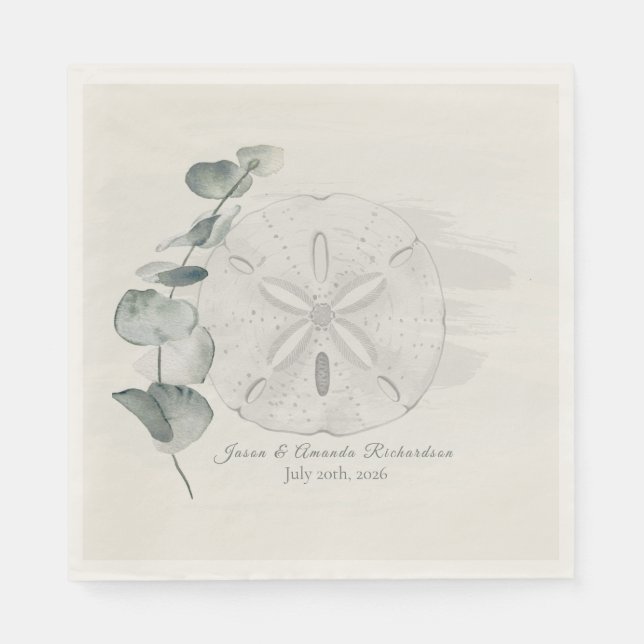 Coastal Sand Dollar & Eucalyptus watercolor Napkin (Front)