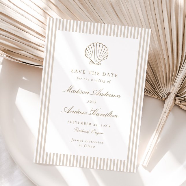 Coastal Sand Stripe Shell Wedding Save the Date (Creator Uploaded)