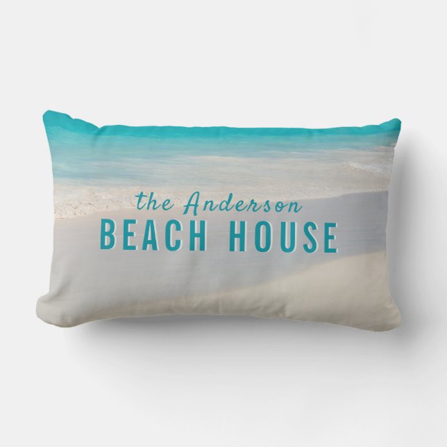 Coastal Sandy Beach Custom Name "Beach House" Text Lumbar Cushion (Front)