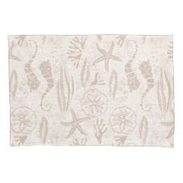 Coastal Sandy-Beige Hand-Drawn Seahorse Stripes Pillowcase