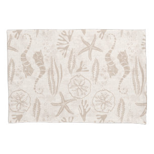 Coastal Sandy-Beige Hand-Drawn Seahorse Stripes Pillowcase