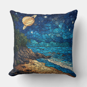 Coastal Scene Under a Starry Sky Cushion
