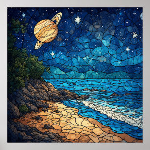 Coastal Scene Under a Starry Sky Poster