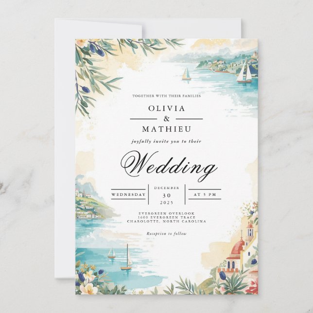 Coastal Scenic Arch Flourish Wedding Invitation (Front)