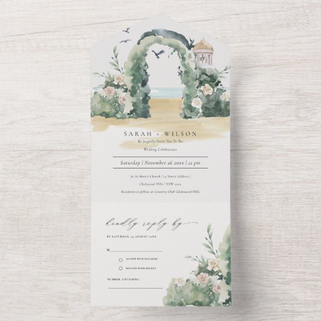 Coastal Sea Beach Floral Arch Botanical Wedding All In One Invitation (Inside)
