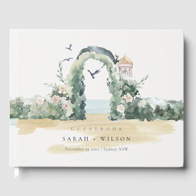 Coastal Sea Beach Floral Arch Botanical Wedding Guest Book (Front)