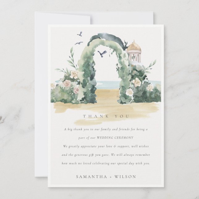 Coastal Sea Beach Floral Arch Botanical Wedding Thank You Card (Front)