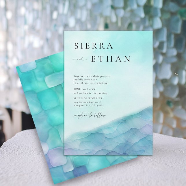 Coastal Sea Glass 2 Teal Lavender Elegant Wedding Invitation (coastal wedding invitation sea glass teal blue lavender purple modern ocean beach elegant romantic)