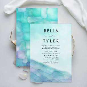 Coastal Sea Glass 2 Teal Lavender Modern Wedding Invitation