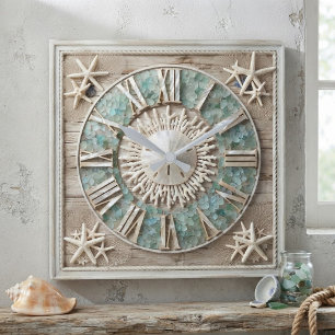 Coastal Sea Glass & Sand Dollar Square Wall Clock