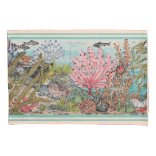 Coastal Sea Life Blush Aqua Coral Shell Fish Ocean Pillowcase