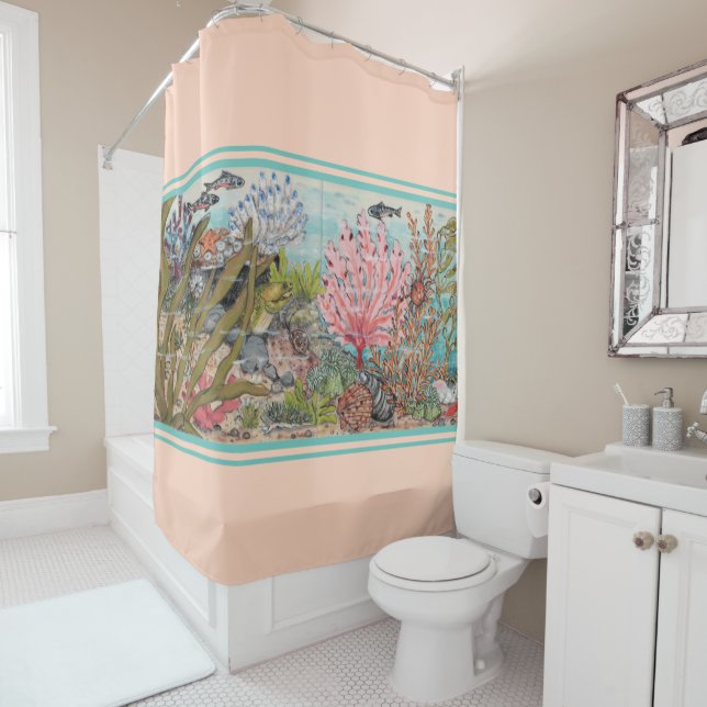 Coastal Sea Life Blush Aqua Coral Shell Fish Ocean Shower Curtain (In Situ)
