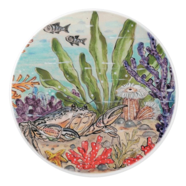 Coastal Sea Life Crab Coral Fish Underwater Marine Ceramic Knob (Front)