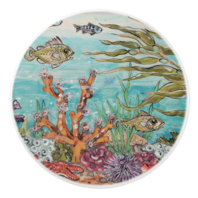 Coastal Sea Life Fish Coral Underwater Ocean Ceramic Knob (Front)