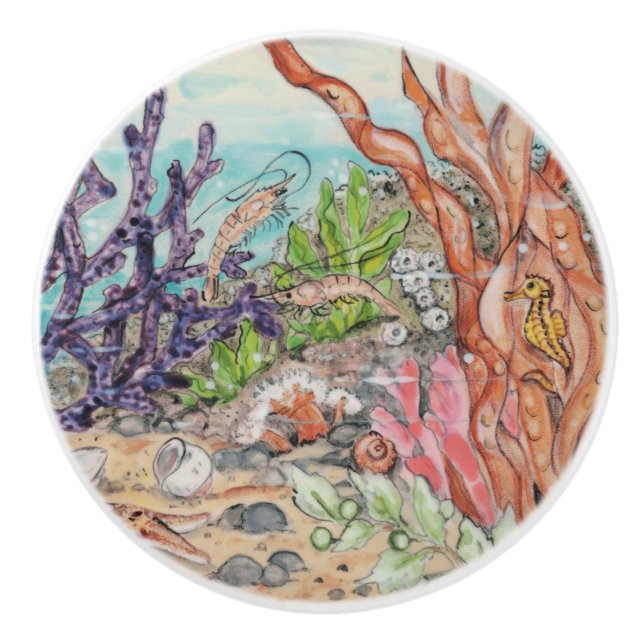Coastal Sea Life Seahorse Shrimp Coral Ocean Ceramic Knob (Front)