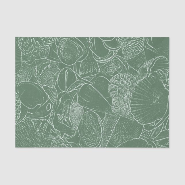 Coastal Sea Shell Beach Green White Decoupage Tissue Paper (Front)