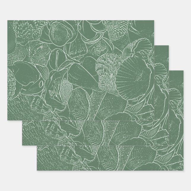 Coastal Sea Shell Beach Green White Decoupage Wrapping Paper Sheet (Set)