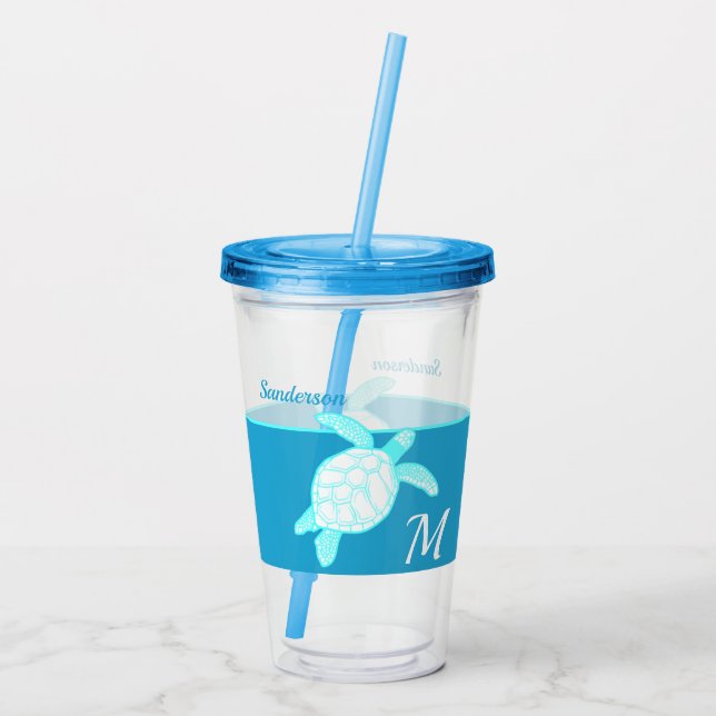 Coastal Sea Turtle  Blue Teal White Acrylic Tumbler (Back)