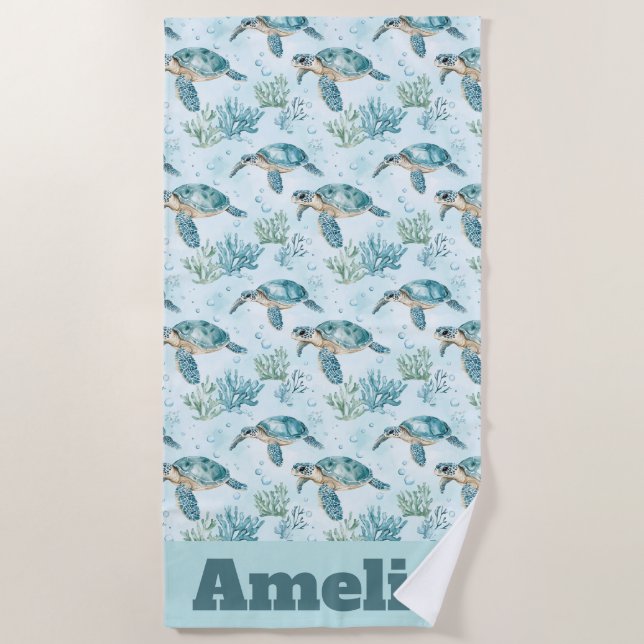 Coastal Sea Turtle Pattern Beach Towel (Front)