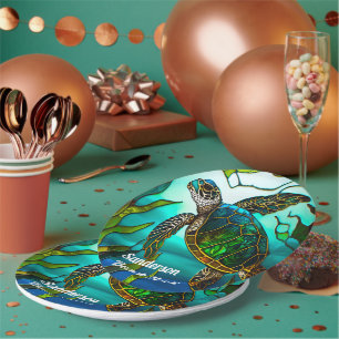 Coastal Sea Turtle Tropical Teal Blue Green  Paper Plate