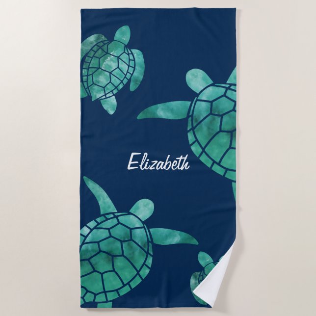 Coastal Sea Turtles Teal Blue Custom Name Beach Beach Towel (Front)