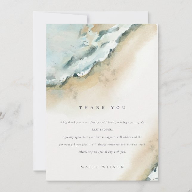 Coastal Sea Waves Sand Beach Nautical Baby Shower Thank You Card (Front)