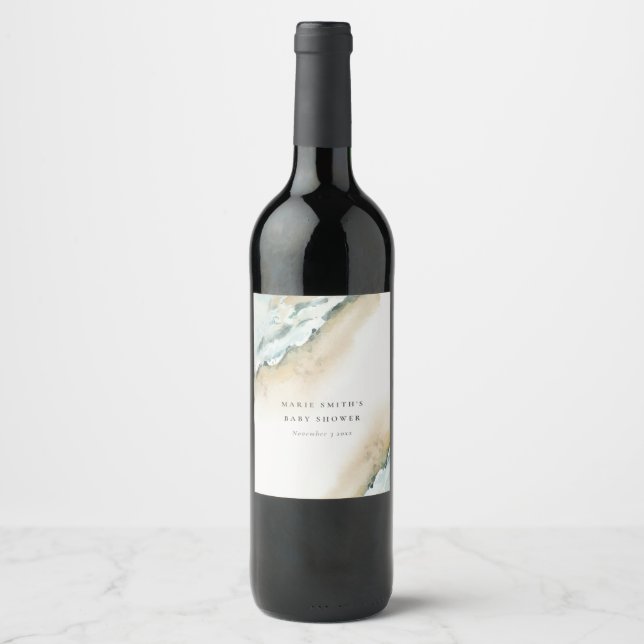 Coastal Sea Waves Sand Beach Nautical Baby Shower Wine Label (Front)