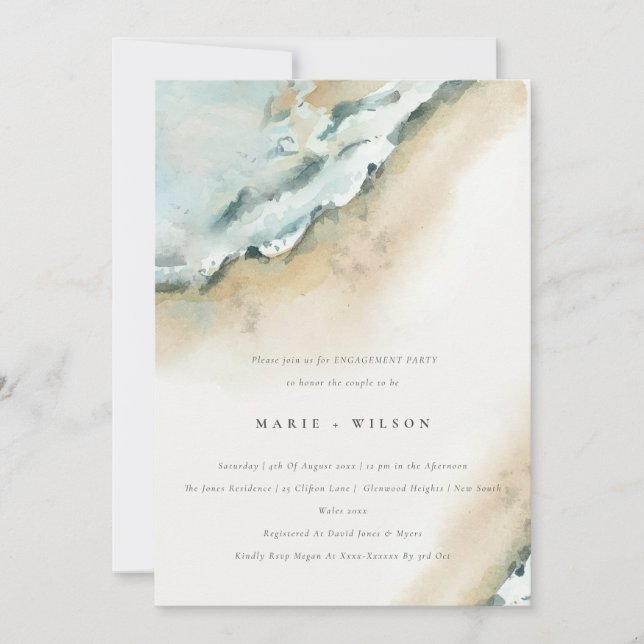 Coastal Sea Waves Sand Beach Nautical Engagement Invitation (Front)