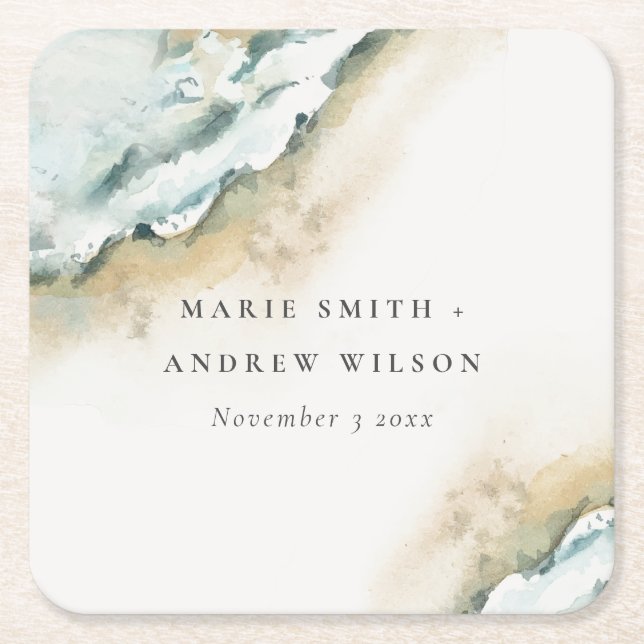 Coastal Sea Waves Sand Beach Nautical Wedding Square Paper Coaster (Front)