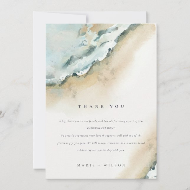 Coastal Sea Waves Sand Beach Nautical Wedding Thank You Card (Front)