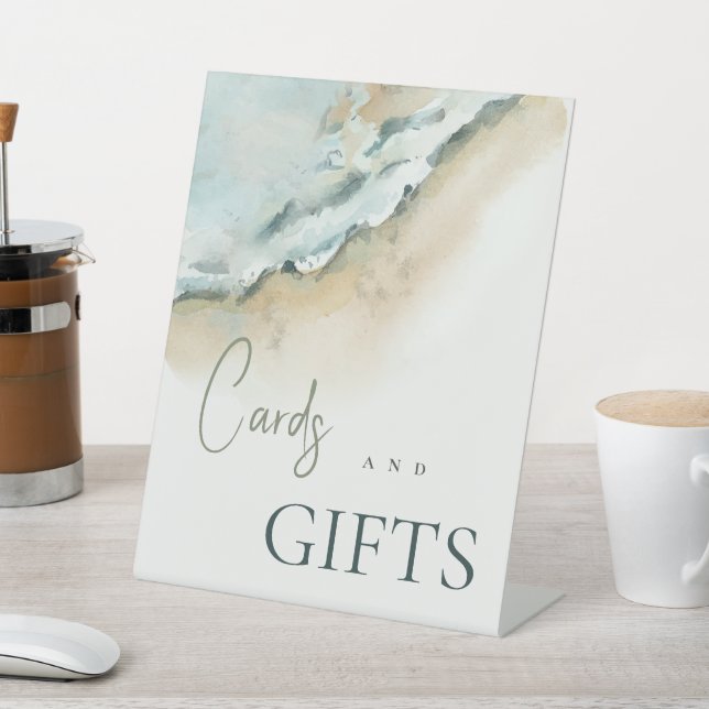 Coastal Sea Waves Sand Beach Wedding Cards & Gifts Pedestal Sign (In SItu)