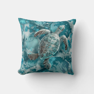 Coastal Seafoam Aqua Ocean Turtle Throw Pillow