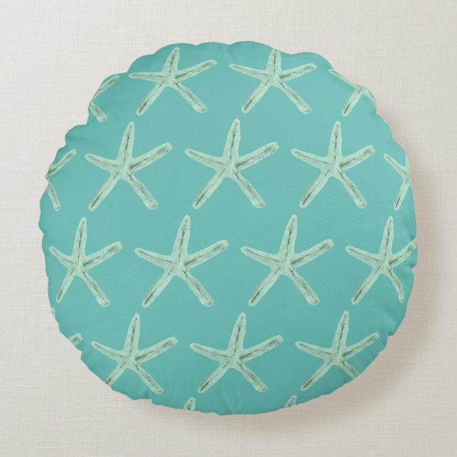 Coastal Seafoam Green Starfish Bohemian Round Cushion (Front)