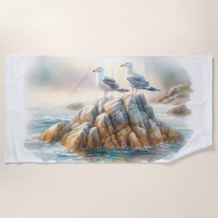 Coastal Seagulls Watercolor Seascape Beach Towel