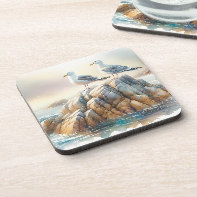 Coastal Seagulls Watercolor Seascape Coaster (Left Side)