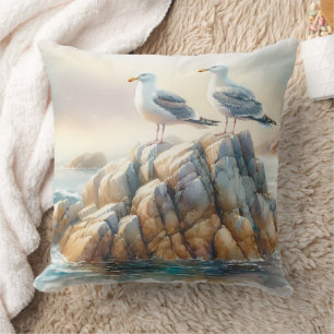 Coastal Seagulls Watercolor Seascape Cushion