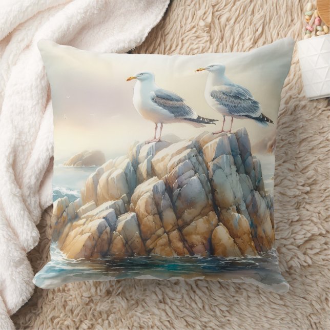 Coastal Seagulls Watercolor Seascape Cushion (Blanket)