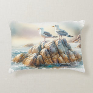 Coastal Seagulls Watercolor Seascape Decorative Cushion