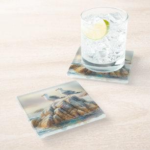 Coastal Seagulls Watercolor Seascape Glass Coaster