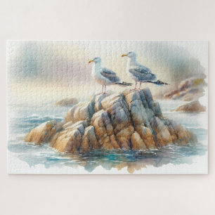 Coastal Seagulls Watercolor Seascape Jigsaw Puzzle