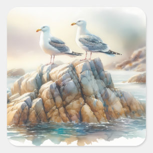 Coastal Seagulls Watercolor Seascape Square Sticker