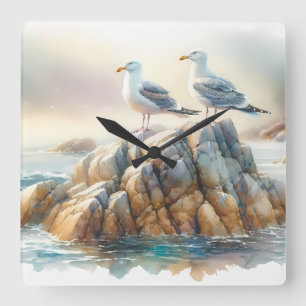 Coastal Seagulls Watercolor Seascape Square Wall Clock