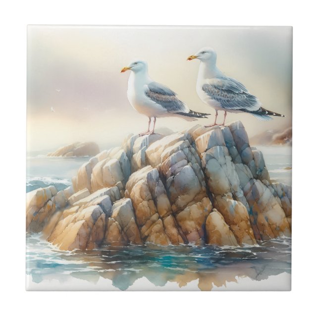 Coastal Seagulls Watercolor Seascape Tile (Front)