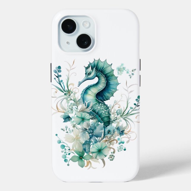 Coastal Seahorse and Floral iPhone 15 Case (Back)