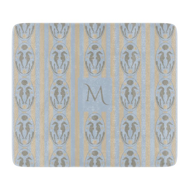 Coastal Seahorse Cameo Blue Cream Strip Monogram Cutting Board (Front)