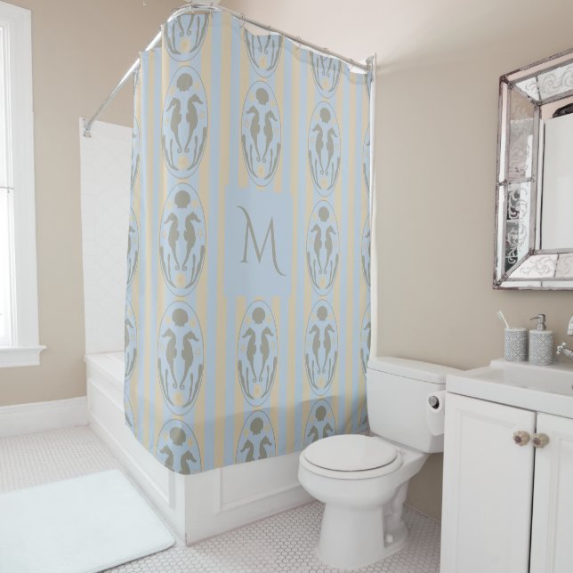 Coastal Seahorse Cameo Blue Cream Strip Monogram Shower Curtain (In Situ)
