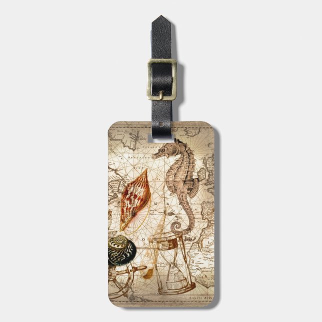 Coastal seahorse seashell Nautical Map Luggage Tag (Front Vertical)