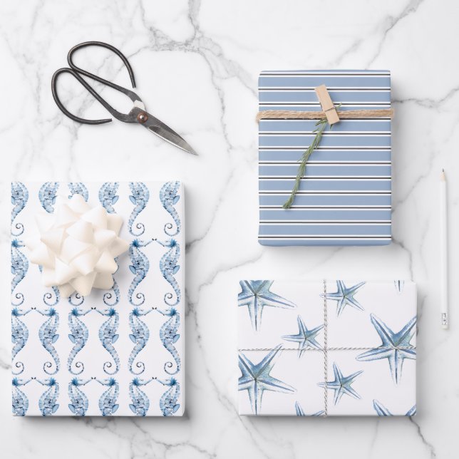 Coastal Seahorse & Starfish Wrapping Paper Sheet (Front)