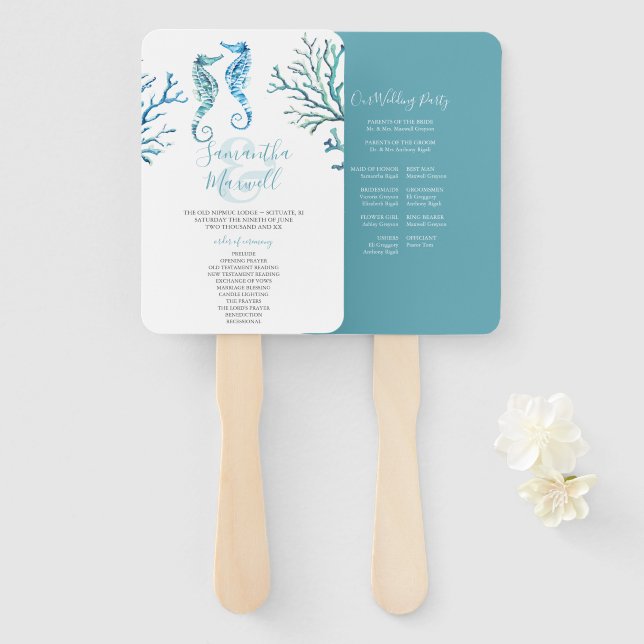 Coastal Seahorse Wedding Program Fan (Front and Back)
